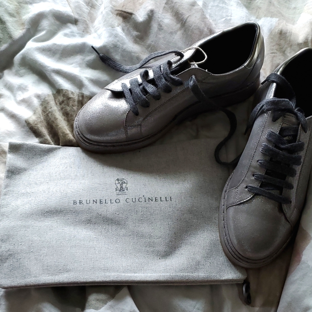 Brunello Cucinelli sneakers, sparkly silver with dark grey laces, womens US 9.5